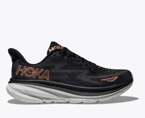 Black / Rose Gold Women's HOKA Clifton 9 Running Shoes | 4189752-VB