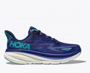 Navy / Turquoise Women's HOKA Clifton 9 Running Shoes | 7639514-HW