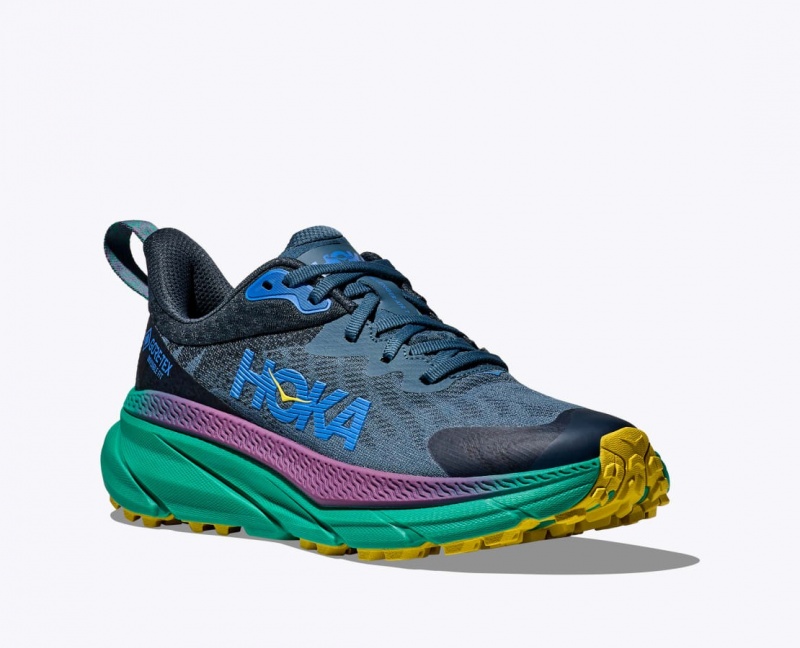 Blue / Black / Green Men's HOKA Challenger 7 GTX Trail Running Shoes | 2561398-YW