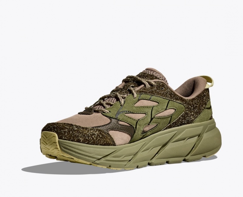 Green / Beige Men's HOKA Elite Terrain System Clifton L Suede Sneakers | 6540729-HW