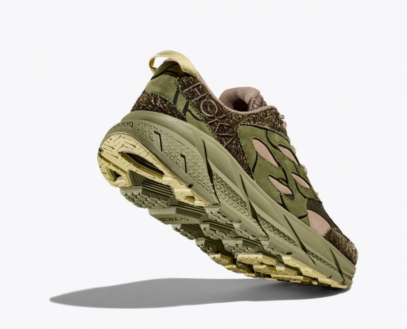 Green / Beige Men's HOKA Elite Terrain System Clifton L Suede Sneakers | 6540729-HW